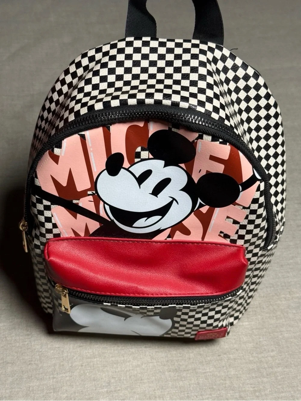 Checkered Mickey Mouse Mini Backpack - Black/White with Red Pocket